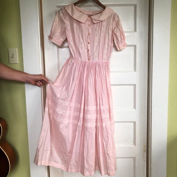 Vintage 1950s Pink Lace Peter Pan Collar Dress Handmade XS/S Praire Cottagecore - Picture 1 of 13